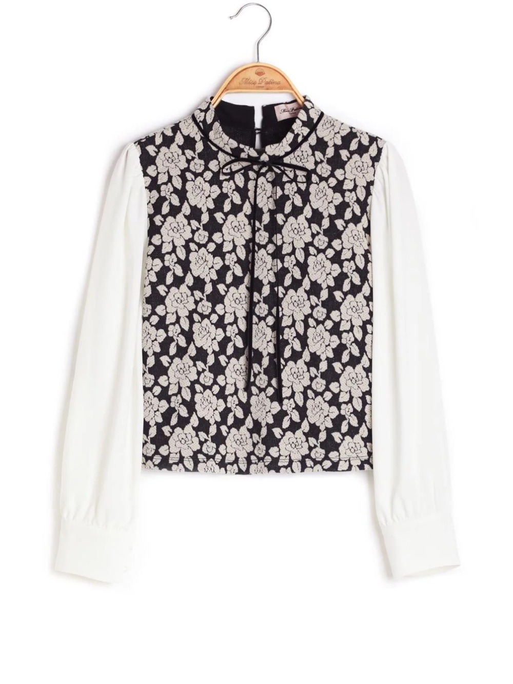 Miss Patina Black Floral Jacquard Tie-Neck Blouse with ivory Sleeves